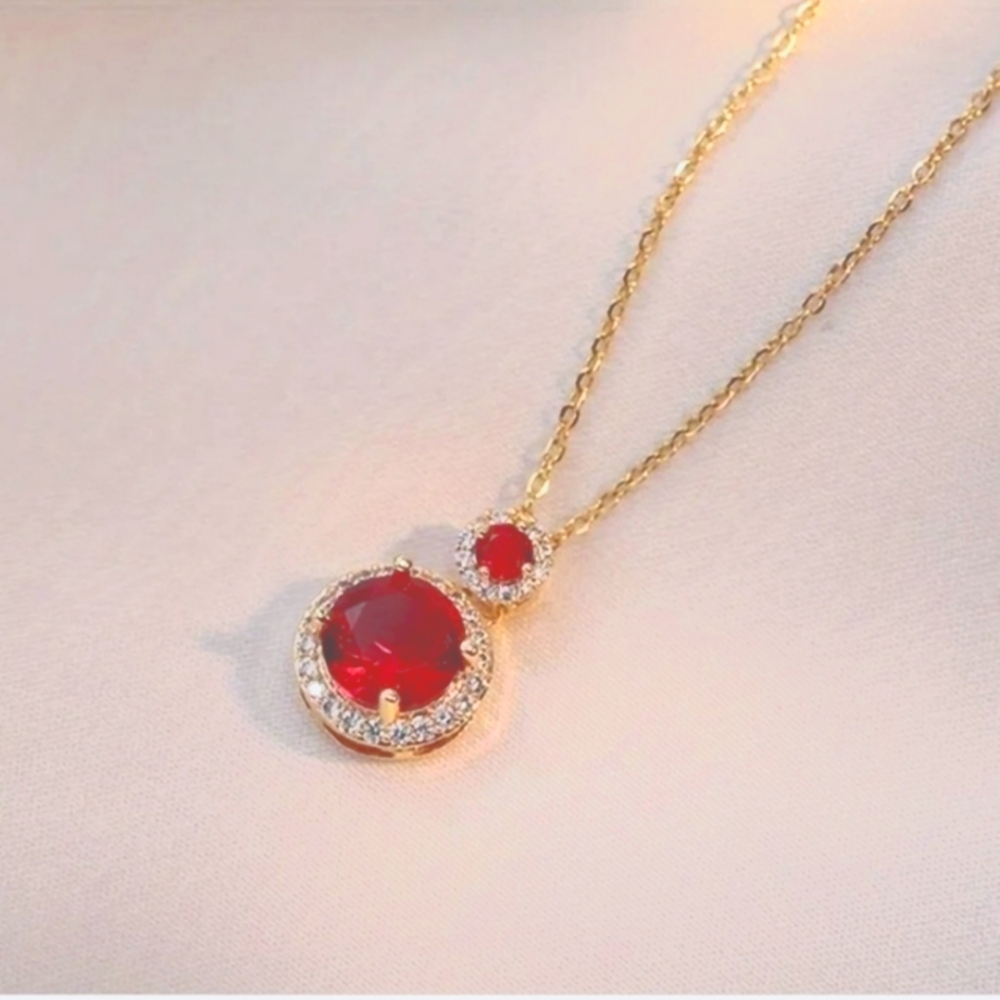 NWT Elegant Gold Colored Necklace With Red CZ Stone